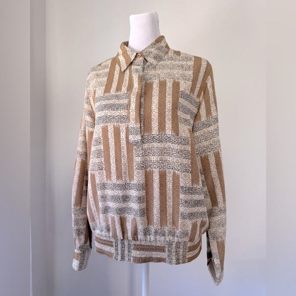 Vintage ‘90s Alfred Dunner Cream, Brown & Black Collared Long Sleeve Blouse - Picture 1 of 8
